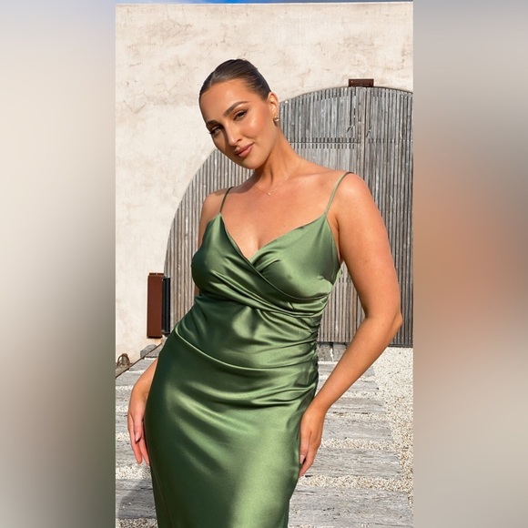 Billy J Monte Satin Slip Midi Dress - Olive Size 4 NWT Bridesmaid Weddin… - Picture 5 of 16